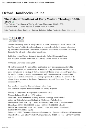 The Oxford Handbook of Early Modern Theology, 1600-1800