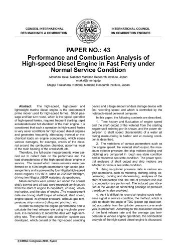 Performance and Combustion Analysis of High-speed Diesel Engine in Fast Ferry under Normal Service Condition
