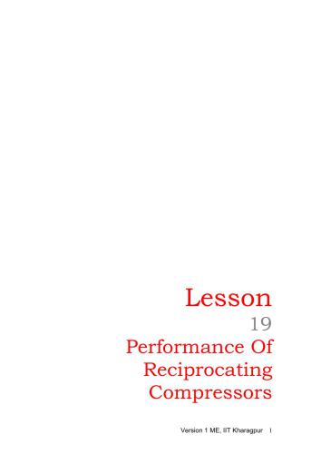 Lesson 19. Performance Of Reciprocating Compressors