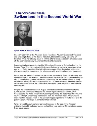 To Our American Friends: Switzerland in the Second World War