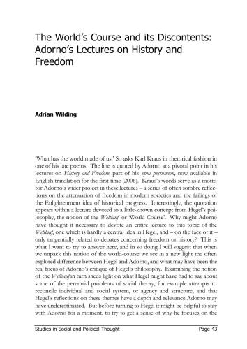 The World’s Course and its Discontents: Adorno’s Lectures on History and Freedom