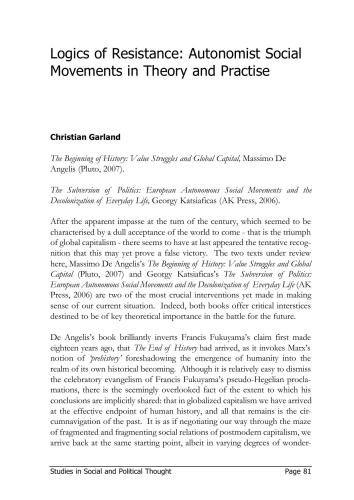 Logics of Resistance: Autonomist Social Movements in Theory and Practise