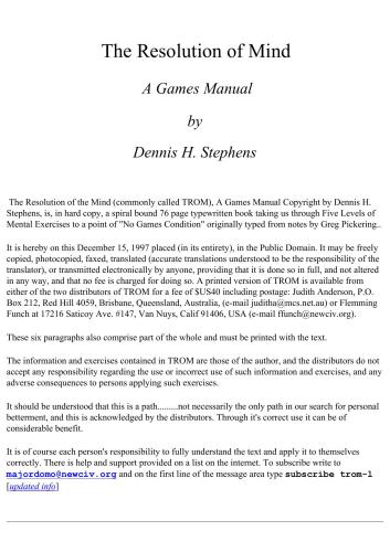 The Resolution of Mind. A Games Manual