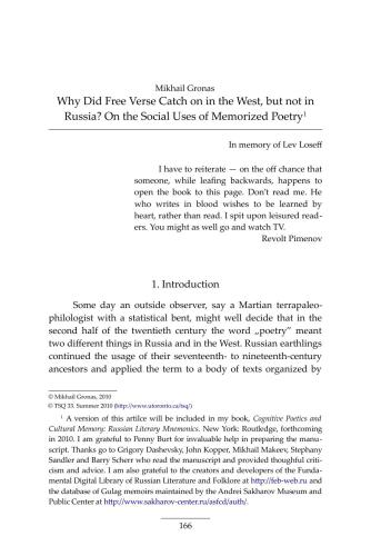 Why Did Free Verse Catch on in the West, but not in Russia? On the Social Uses of Memorized Poetry