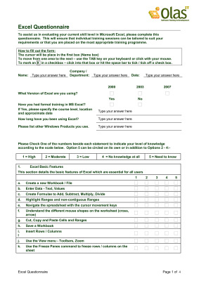 Olas IT Software Training and Development. Excel Questionnaire