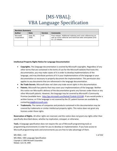 Microsoft Corp. MS-VBAL: VBA Language Specification 0.9
