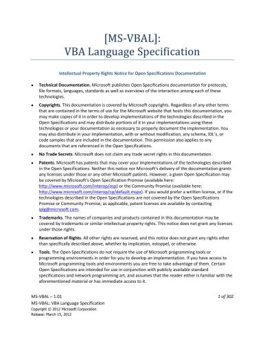 Microsoft Corp. MS-VBAL: VBA Language Specification 1.01