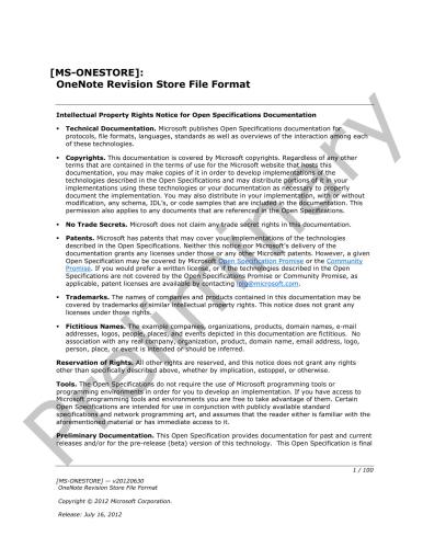 Microsoft Corp. Microsoft Office File Formats - MS-ONESTORE: OneNote Revision Store File Format