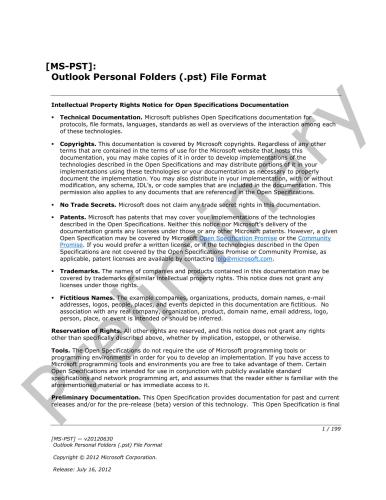 Microsoft Corp. Microsoft Office File Formats - MS-PST: Outlook Personal Folders PST File Format