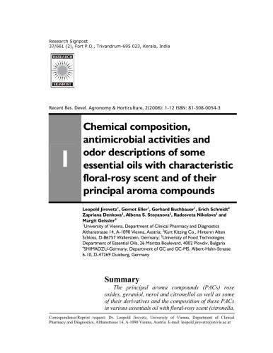 Chemical composition, antimicrobial activities and odor descriptions of some essential oils with characteristic floral-rosy scent and of their principal aroma compounds
