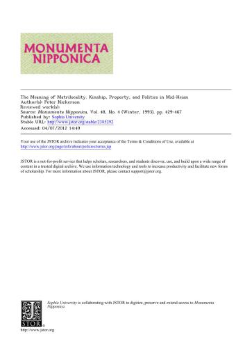 The Meaning of Matrilocality. Kinship, Property, and Politics in Mid-Heian