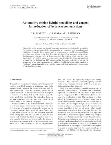 Automotive engine hybrid modelling and control for reduction of hydrocarbon emissions