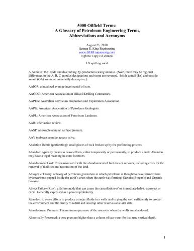A Glossary of Petroleum Engineering Terms, Abbreviations and Acronyms