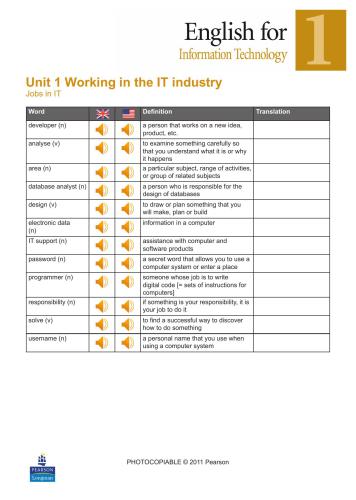 English for Information Technology 1. Tests (entry test, unit tests, progress tests, exit test), Interactive Glossaries