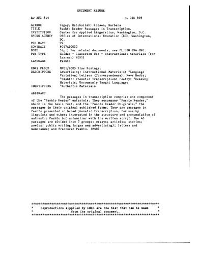 Pashto Reader Passages in Transcription