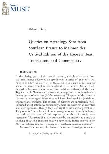 Queries on astrology sent from southern France to Maimonides