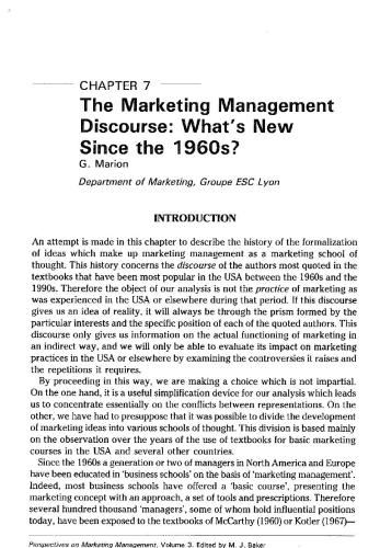 The Marketing Management Discourse: What New Since the 1960? (Chapter 7)