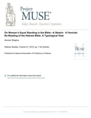 Amnon Shapira-On Woman’s Equal Standing in the Bible-A Sketch: A Feminist Re-Reading of the Hebrew Bible: A Typological View