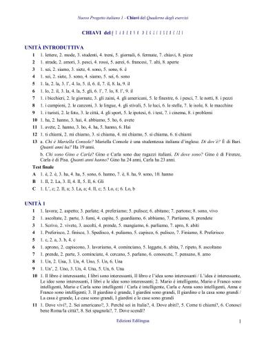 Chiavi del Quaderno degli esercizi Nuovo Progetto Italiano 1