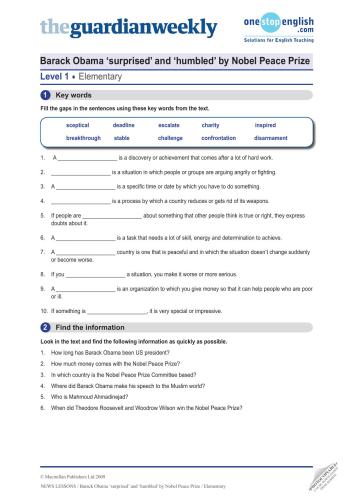 Barack Obama ‘surprised’ and ‘humbled’ by Nobel Peace Prize-Elementary level