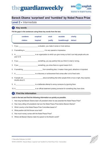 Barack Obama ‘surprised’ and ‘humbled’ by Nobel Peace Prize-Intermediate level