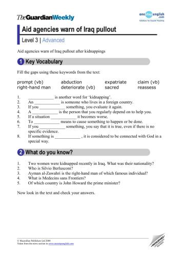 Aid agencies warn of Iraq pullout after kidnappings-Advanced level