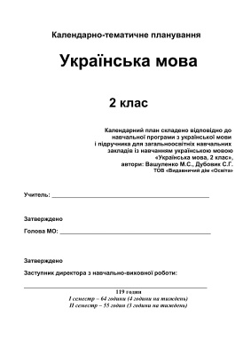 Календарно-тематичне планування. Українська мова. 2 клас (Нова програма)