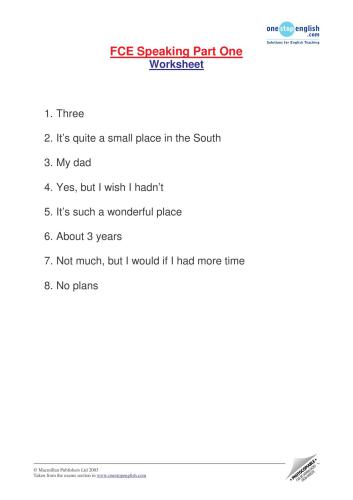 FCE Speaking. Part 1. Speaking About Yourself. Worksheet