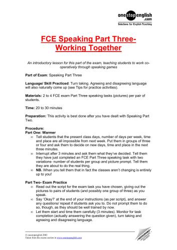 FCE: Speaking. Part 3. Working Together. Lesson Plan