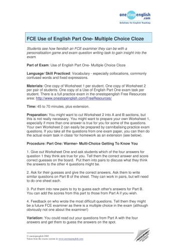 FCE: Use of English. Part 1. Multiple Choice Cloze. Lesson Plan