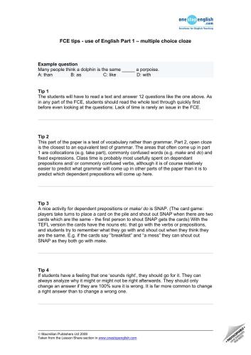 FCE: Use of English. Part 1. Multiple Choice Cloze. Teacher's notes. Top Tips
