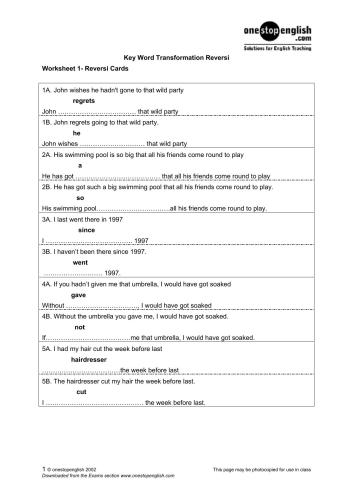 FCE: Use of English. Part 4. Key Word Transformations. Reversi. Worksheet