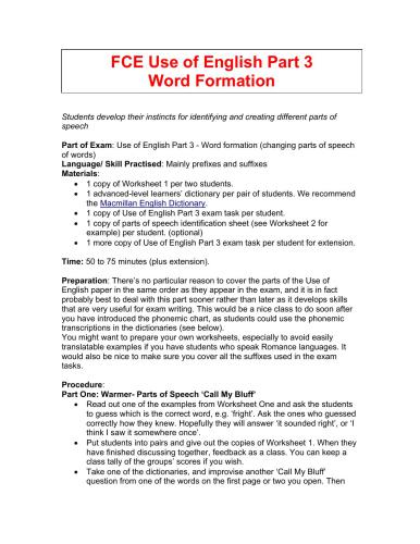 FCE: Use of English. Part 3. Word formation. Teacher's notes 1