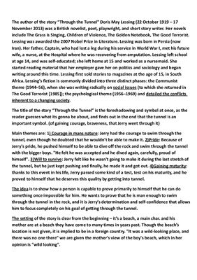 Analysis of the story Through the tunnel by Doris May Lessing