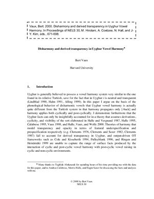 Disharmony and derived transparency in Uyghur vowel harmony Vowel