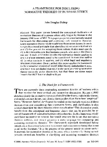 A Framework for Discussing Normative Theories of Business Et