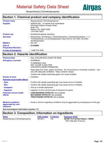 Material Safety Data Sheet for Neopentane (2, 2-Dimethylpropane) - Паспорт безопасности Неопентана (2, 2-Диметилпропана)