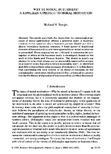 Why Be Moral in Business - A Rawlsian Approach