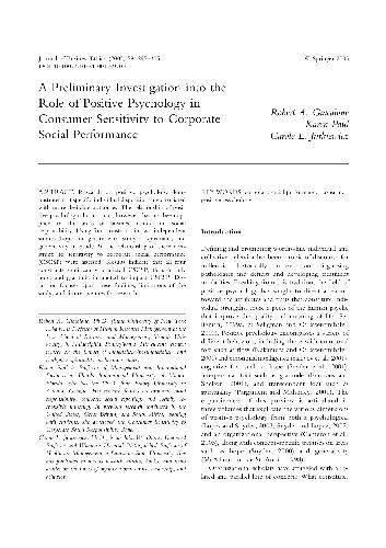 A Preliminary Investigation into the Role of Pos Psych in Consumer Sensitivity to CSR