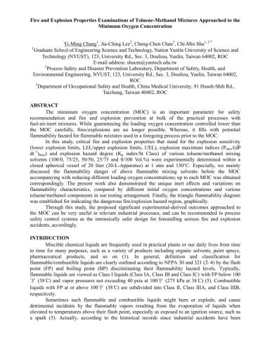 Fire and Explosion Properties Examinations of Toluene-Methanol Mixtures Approached to the Minimum Oxygen Concentration