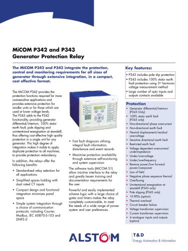 Alstom MiCOM P342-P343 - Generator Protection Relays. Main Technical Date
