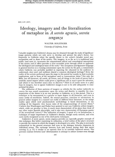 Ideology, imagery and the literalization of metaphor in A secreto agravio, secreta venganza