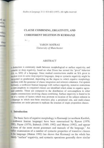 Clause combining, ergativity, and coreferent deletion in Kurmanji