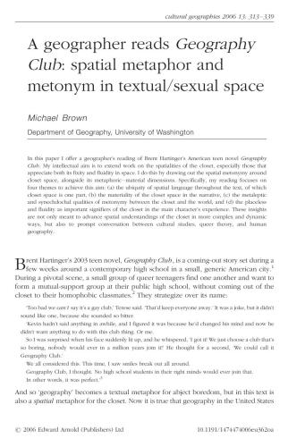 A geographer reads Geography Club: spatial metaphor and metonym in textual/sexual space