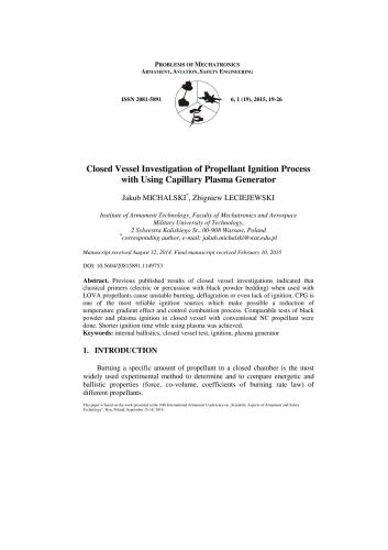 Closed Vessel Investigation of Propellant Ignition Process with Using Capillary Plasma Generator