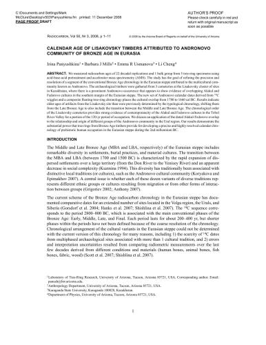 Calendar age of Lisakovsky timbers attributed to Andronovo community of Bronze Age in Eurasia