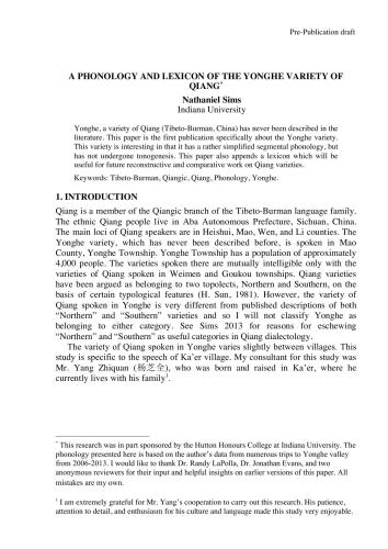 A phonology and lexicon of the Yonghe variety of Qiang