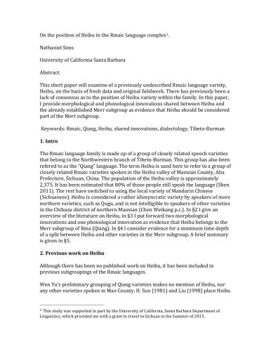 On the position of Heihu in the Rmaic (Qiang) language complex