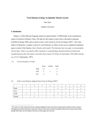 Vowel harmony in Qiang: an optimality theoretic account