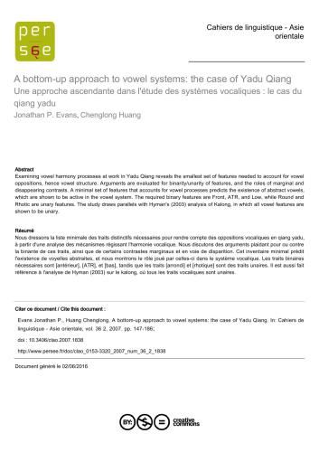 A bottom-up approach to vowel systems: the case of Yadu Qiang
